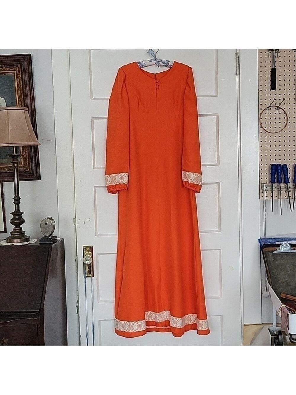 Vintage 60s Empire Waist Peasant Sleeve Lace Trim Back Zip Maxi Dress L
